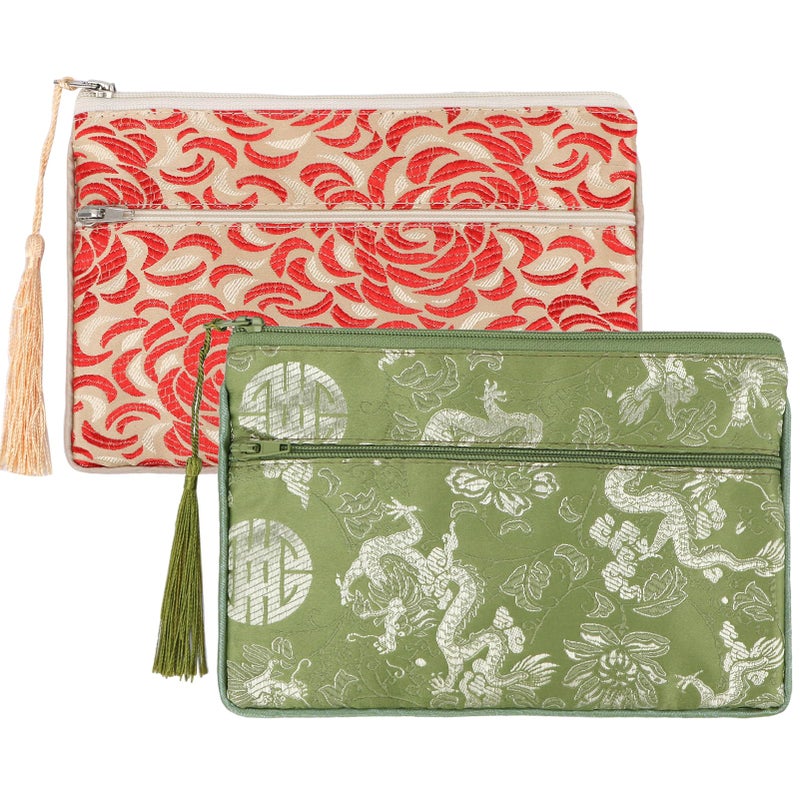kilofly 2 pc Chinese Silk Brocade 2 Zipper Pocket Tassel Jewelry Bag Gift Pouch set2 D - Image 1